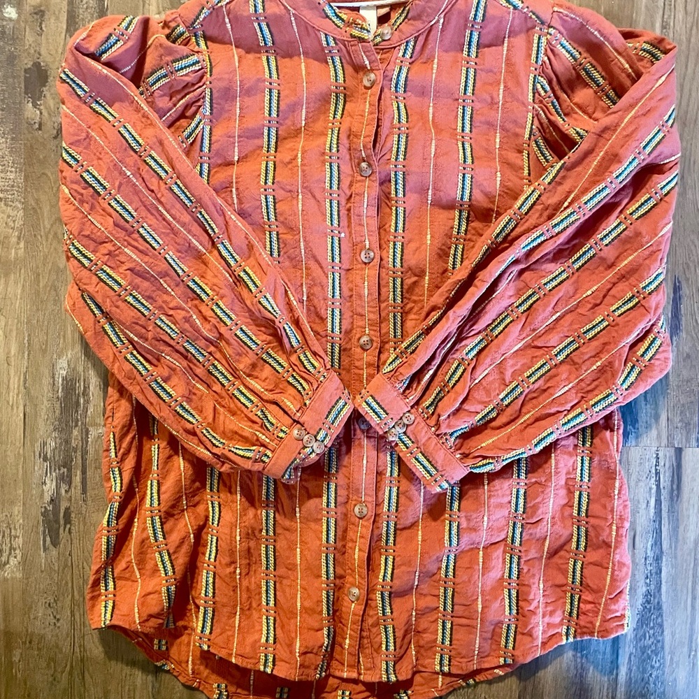 Anthropologie | Pilcro Bella Femme Orange Striped Embroidered Button Down Shirt - Picture 8 of 14